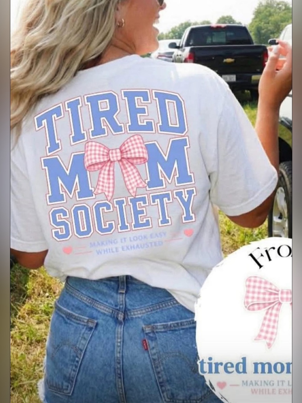 Tired Mom Society Graphic Tshirt - White with Blue & Pink XS-3X